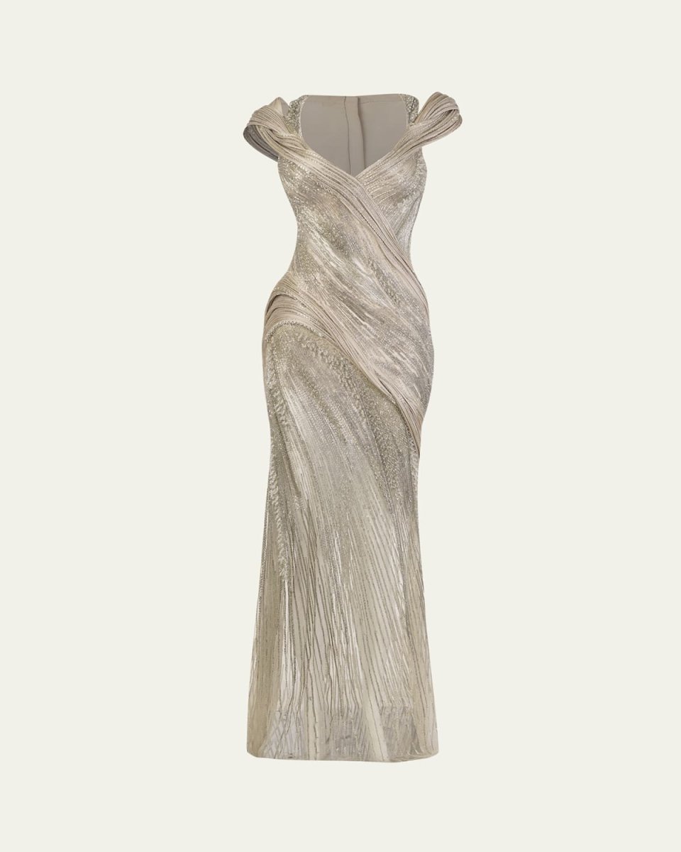 Beaded Gown with Structured Draping